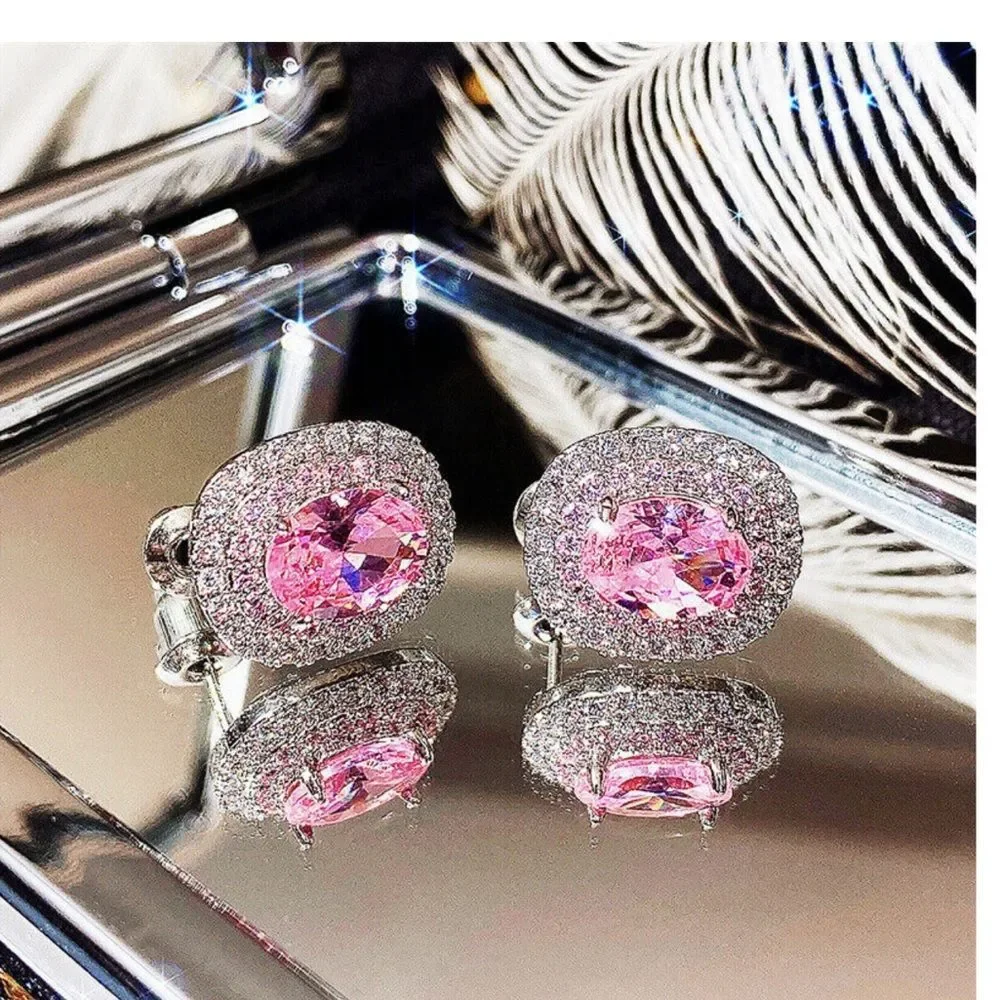 Pink Oval CZ Halo Stud Earrings Silver Tone Glam Statement Earrings